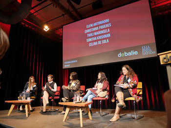 Five women sit and talk on stage at the 2016 Tällberg Foundation Global Leadership Prize event